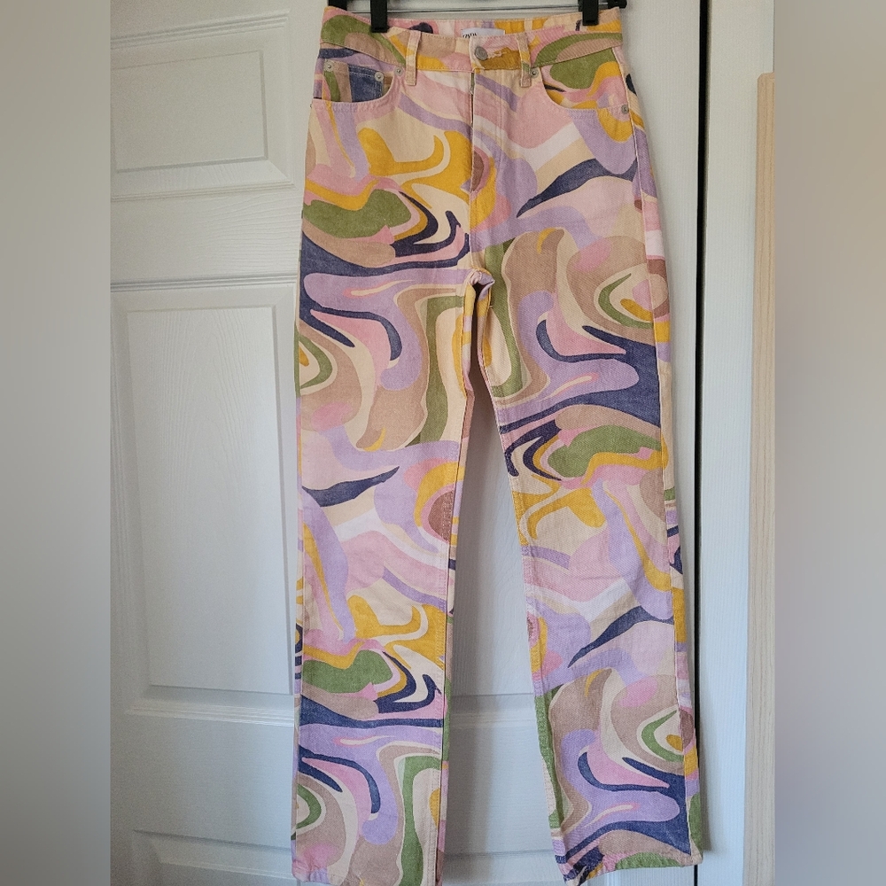Zara Straight Leg Jeans with Colorful Swirls